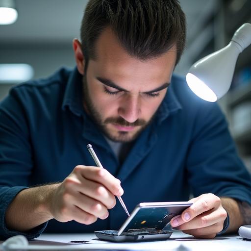Ein konzentrierter Techniker bei der Reparatur eines Smartphones.